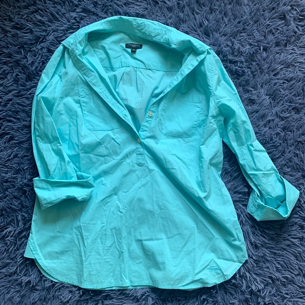 Talbots 100% Cotton Robin Egg Blue Half Button Up 2P Petite
